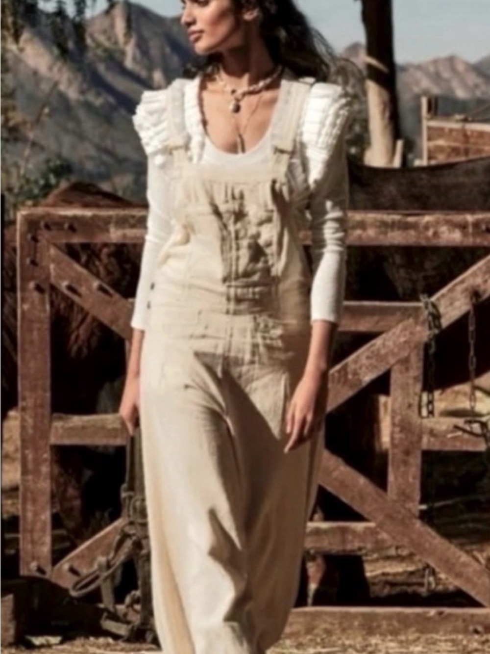 FREE PEOPLE Cream Linen-Blend Overalls.